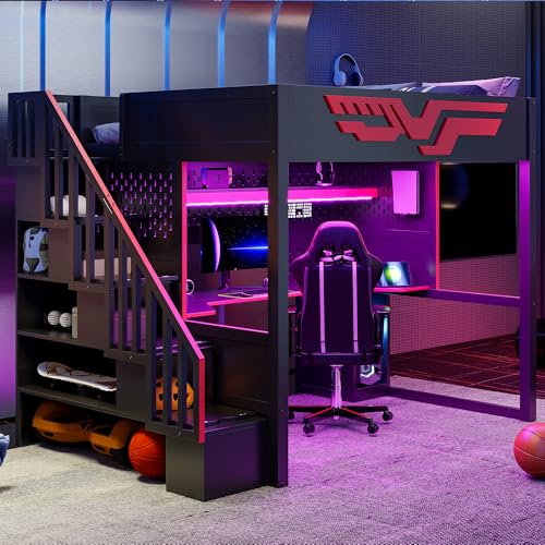Merax Full Size Gaming Loft Bed with Desk, Wood Loft Bed Frame with LED Light, Charging Station, and Storage Staircase, for Kids, Teens, Boys Girls,Black Merax