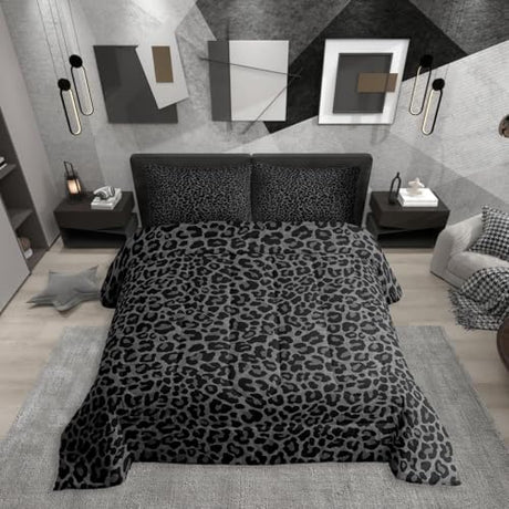 Erosebridal Cheetah Print Room Decor,Leopard Print Comforter Set Full Size,Farmhouse Animal Skin Soft Bedding Set for Mens Boys,Black Gray African Cheetah Wildlife Bed Set,Aesthetic Retro Quilt Duvet Erosebridal