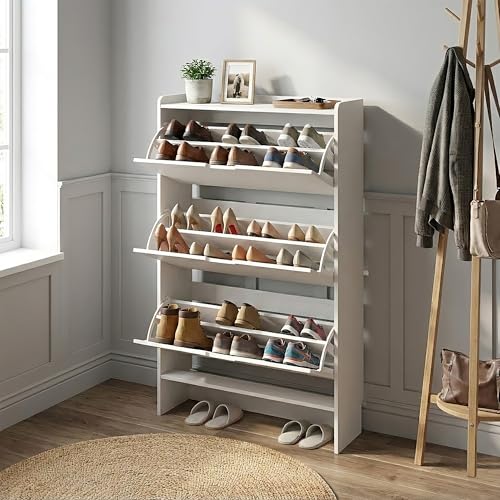 RIHHA 52" Tall Slim Shoe Cabinet, 3-Drawer Flip Down Hidden Shoe Storage with Top Fence & Open Bottom Shelf, Ultra-Thin Narrow Shoe Rack, White Wood Grain RIHHA
