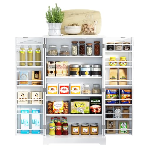 HOLTICO 41'' Freestanding Pantry Cabinet, Kitchen Pantry Storage Cabinet with Doors and Adjustable Shelves, Food Pantry Cabinet for Kitchen, Dining Room, Living Room and Garage,Snow White HOLTICO