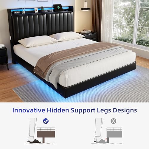 Jocoevol Queen Size Floating Bed Frame with Ergonomic Hidden Storage Headboard and LED Lights, Visual Floating LED Bed Frame with Charing Station, Leather Upholstered Platform Bed, Heavy Duty, Black Jocoevol
