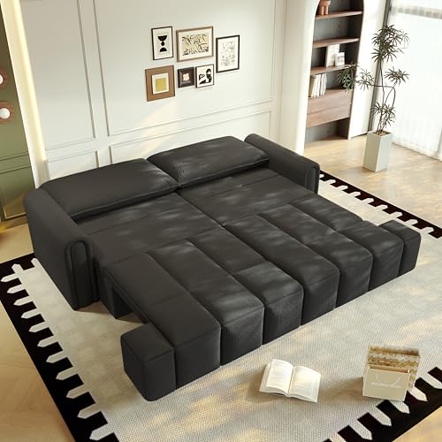 LuxyHoom 90.2" Futon Sofa Bed King, 3-in-1 Teddy Convertible L-Shaped Sofa, Upholstered Loveseat Couches, Pull Out Couch Bed Small Spaces, Deep Seat, Storage for Living Room, Apartment, Black LuxyHoom