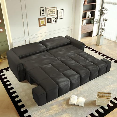 LuxyHoom 90.2" Futon Sofa Bed King, 3-in-1 Teddy Convertible L-Shaped Sofa, Upholstered Loveseat Couches, Pull Out Couch Bed Small Spaces, Deep Seat, Storage for Living Room, Apartment, Black LuxyHoom