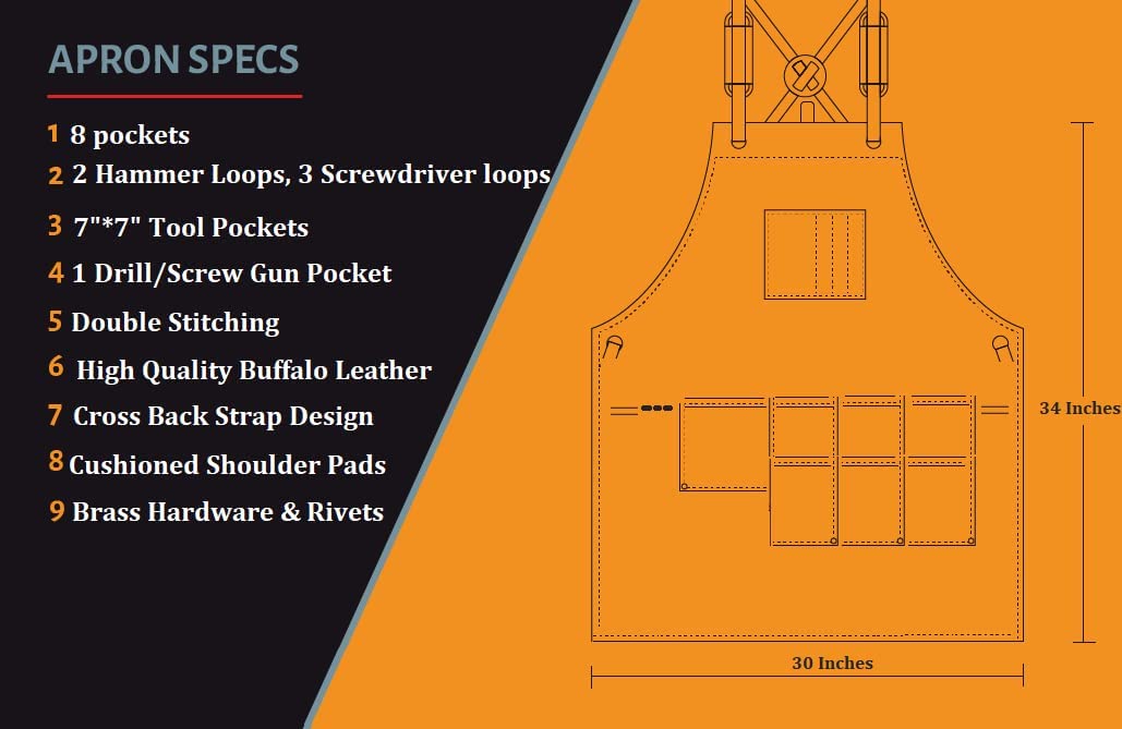 Leather Hubb 8-Pocket Leather Tool Apron Electrician Apron, Carpenter Apron, Tool Pouch, Apron for Welding, Blacksmith, Woodworking, BBQ Apron | Heat & Flame Resistant | Adjustable 33” to 54” Leather Hubb