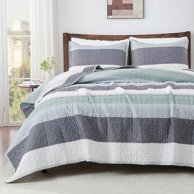Andency King Size Quilt Set Sage Green, 3 Pieces Mint Green Ultra Soft Lightweight Bedspreads & Coverlets Set, Patchwork Striped Quilted Bedding Sets for All Seasons (1 Quilt, 2 Pillow Shams)