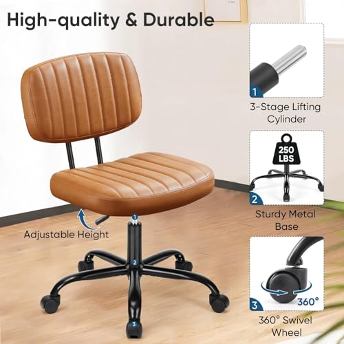 DUMOS Armless Small Home Office Desk Chair - Vanity Task Chair with Low Back, Height Adjustable PU Leather Swivel Computer Chair with 360° Rolling Wheels, Deep Brown DUMOS