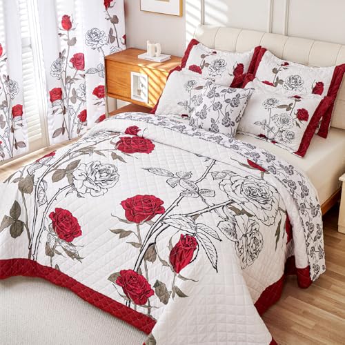 EVENHUG Quilt King Size Red Rose Bedding Set Floral Bedspread Lightweight Reversible Bed Cover with 2 Pillow Shams for All Seasons 3 Pieces (106"X96") EVENHUG