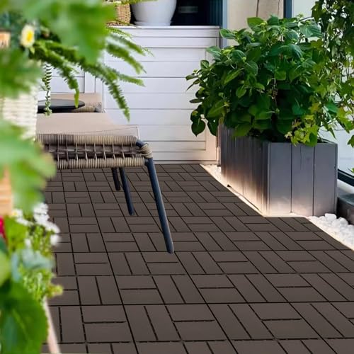 Plastic Interlocking Deck Tiles Outdoor All Weather Waterproof 27 PCS 12"x12" Flooring Deck Tiles Patio Floor Tile for Pool Balcony Backyard Porch, Chocolate