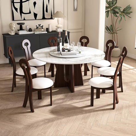 Wohh 9-Piece Round Dining Table Set, 59" Sintered Stone Table with Walnut Base, 6-8 People, Modern Style Wohh