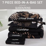 Yogeneg 7 Piece Bed in a Bag King Size Comforter Set Botanical Floral Bedding Set,White Flower Leaves Printed on Black Reversible Design,Soft Microfiber Comforter with Sheet Set,All Season(Black,King) Yogeneg