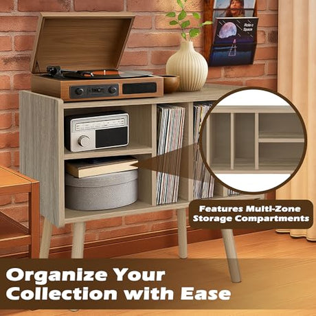 Montex Record Player Stand with Vinyl Storage, Wooden Record Player Table with 5 Cabinet, Large Vinyl Record Player Stand, Record Player Holder, Record Player Shelf for Office Living Room, White Oak Montex