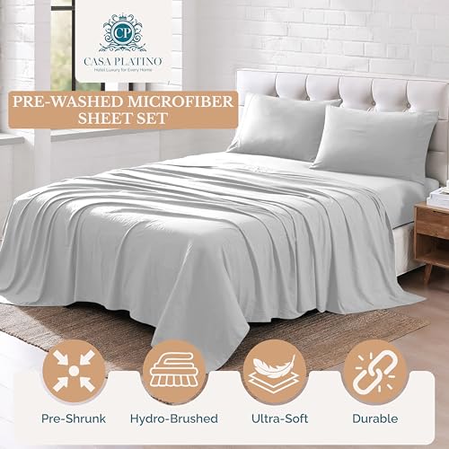 Casa Platino Twin Sheets, 3 Piece Set, Pre-Washed Ultra Soft & Breathable Bed Sheets Set, Brushed Microfiber Sheet, Fade Resistant Bedding with Deep Pockets – Silver Casa Platino