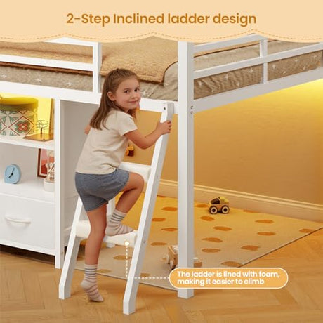 BTHFST Low Loft Bed Twin Size with 3 Storage Drawers, 3-Tier Kids Bookshelf, 5 Open Cubbies and 2 LED Lights Strips, Metal Kids Loft Bed with High Safety Guardrail, Inclined Ladder and Play Area BTHFST