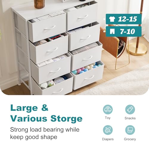 OLIXIS 8 Drawer Storage Dresser with Wood Top - Wide Fabric Chest Organizer for Bedroom, Closet, Living Room,Tower Cabinet, TV Stand, Hallway Entryway Furniture,White OLIXIS