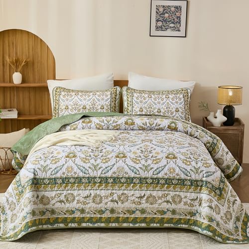DJY Floral Quilt Set King Size, Green Brown Flower Pattern Quilts King Bedspread Coverlet Set with 2 Pillowcases, Soft Lightweight Microfiber Bedding for All Season (90"x110") DJY
