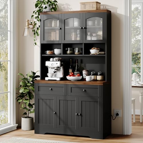 GarveeHome Pantry Cabinet with Charging Station, Tall Kitchen Pantry Storage Cabinet with Hutch,70.8 Inch Kitchen Cabinet with 30mm Thickened Countertop, Fluted Glass Doors, for Dining Room, Balck GarveeHome