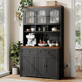GarveeHome Pantry Cabinet with Charging Station, Tall Kitchen Pantry Storage Cabinet with Hutch,70.8 Inch Kitchen Cabinet with 30mm Thickened Countertop, Fluted Glass Doors, for Dining Room, Balck GarveeHome