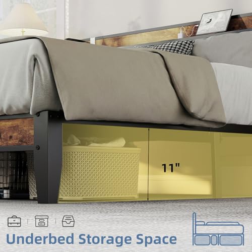 DUMOS Queen Bed Frame with Headboard, Storage Headboard with USB Charging Station, Durable Squeak-Free Frame, Simple No-Tool Assembly,Works with Queen Mattress No Box Spring Needed DUMOS