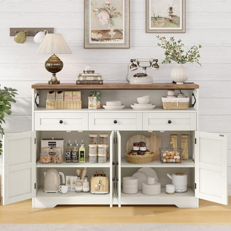Befrases Farmhouse Sideboard Buffet Cabinet, Barn Doors Storage Cabinet with Drawers and Open Shelf, 47.2'' Wood Coffee Bar Microwave Station for Kitchen, Living Room, Hallway, White Befrases