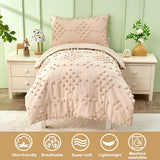 Toddler Bedding Set for Girls 4-Piece Beige Jacquard Pom Pom Tufts Embroidery Bohemian Boho Tufted Dots Comforter Set for Baby Kids Bed-in-a-Bag with Comforter, Flat Sheet, Fitted Sheet, Pillowcase VIVILINEN