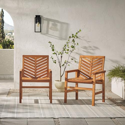 Walker Edison 2 Piece Outdoor Patio Chevron Wood Chair Set All Weather Backyard Conversation Garden Poolside Balcony, Set of 2, Brown - WoodArtSupply