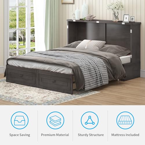 Mjkone 63.5" W Murphy Bed Cabinet, Queen Cabinet Wall Beds with USB Charging Station & Tri-Folding Mattress, Guest Cabinets Beds with Storage Drawers for Bedroom Apartment Home Office, Dark Grey Mjkone