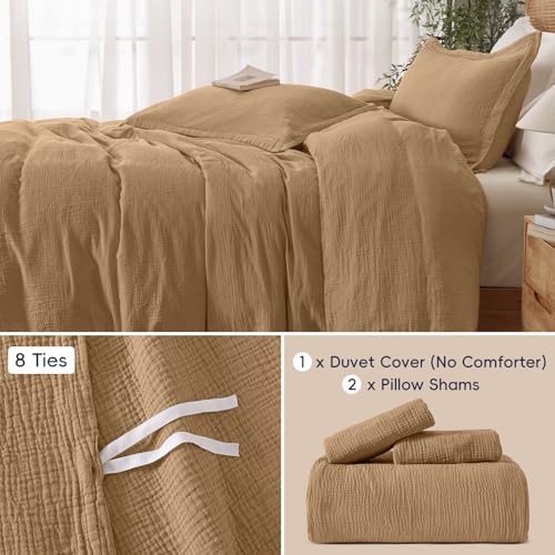 PHF 100% Natural Cotton Muslin Duvet Cover Set Queen Size, Ultra Soft Breathable Absorbent, Luxurious Minimalist Gauze Bedding for All Season, Duvet Set with 2 Pillow Shams, 90" x 90", Brown PHF
