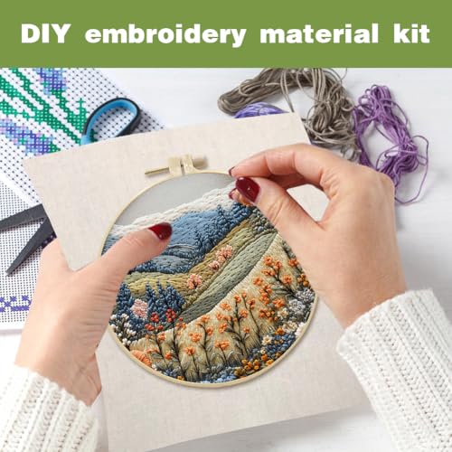 Eforcase Embroidery Starter Kit for Adult Beginner with Landscape Tree Mountain River Floral Nature Scenery Pattern Cross Stitch Hand Embroidery Set DIY Cross Stitch Kits with Hoops Needles Threads
