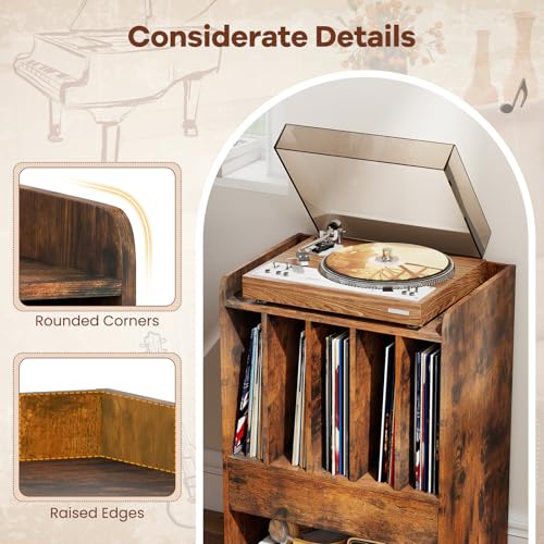 Giantex Record Player Stand, Rolling Turntable Stand with Drawer & Lockable Wheels, Record Player Table Holds Up to 150 Albums, Vinyl Record Storage for Living Room Bedroom, Rustic Brown Giantex