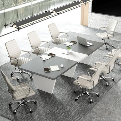 Huariifowm 118" Conference Table for 8, Modern Grey & White Meeting Table with 2.1" Thick Top and Cable Management Box, 10 Ft Office Conference Room Table for Boardroom, Training Room Huariifowm