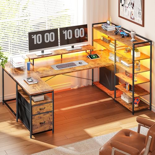 DurayLoly L Shaped Desk with Monitor Stand, 63'' Reversible U Shaped Office Desk with 6 Tire Storage Shelves & 2 Fabric Drawers, Gaming Desk with Power Outlet & LED Strip, Rustic Brown DurayLoly