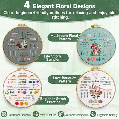 Bofoho 4 Pack Starter Embroidery Kit for Beginners – All-in-One Stitch Practice Kit with Simple Patterns, Learn 34 Embroidery Stitches with Step-by-Step Guide & Video, Craft Gift Adults & Teens