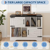 Garvee Record Player Stand, 39in Large Farmhouse Wood Vinyl Storage Cabinet Holds Up to 450 Albums with Barn Doors, Mid Century Modern Record Player Table for Living Room Bedroom, White Garvee