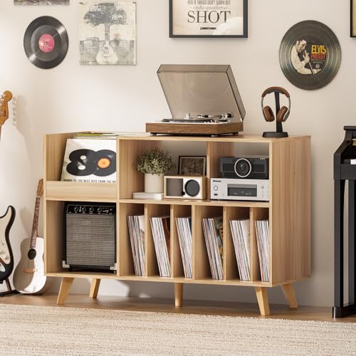 LELELINKY Natural Wood 48''Record Player Stand with Storage and Display Area, Turntable Stand Vinyl Record Holder Player Table Holds Up to 450 Albums, Record Stand for Music Room Living Room LELELINKY