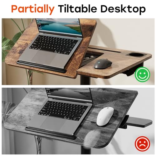 JOY worker Mobile Standing Desk, Height Adjustable Table, 60° Tiltable Rolling Laptop Desk, Portable Sit Stand Desk with Wheels Cup Holder for Bed Couch Hospital, Holds Up to 22lbs, Rustic JOY worker