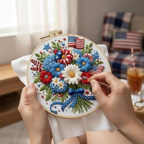 LQCrafK DIY American Independence Day Pattern Creative Design Beginner-Friendly Round Decorative Painting Hand Embroidery Kit Art Present-Bouquet