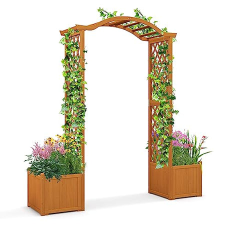 Giantex Garden Arbor with Planter, Wooden Planter Arch with Trellis, Outdoor Arch for Climbing Plants, Vegetables, Herbs, Decorations, Arbor Archway for Wedding, Ceremony, Party (Natural) Giantex