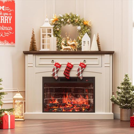 AHB Corner TV Stand with Remote Control, Electric Fireplace with Wooden Mantel, Entertainment Center with Efficient Heating System, Adjustable Brightness Realistic Flame(White) AHB