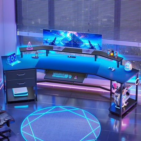 Itaar 79" Gaming Desk with 2 Fabric Drawers, Long Computer Desk with Power Strip & LED Lights, U Shaped Desks with Storage and Cup Holder, Large Gaming Table for Bedroom, Carbon Fiber Black Itaar