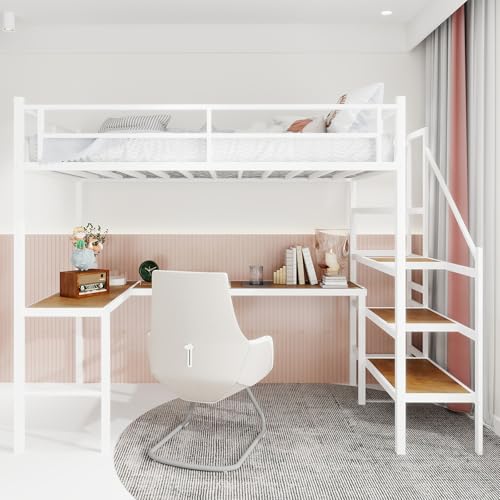 Bellemave Twin Size loft Bed with L Desk, Storage Stairs, Metal Twin Loft Bed Frame for Adults, Kids, Teens, White Bellemave