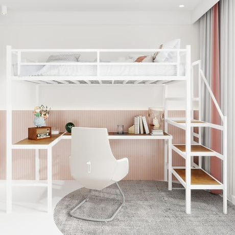 Bellemave Twin Size loft Bed with L Desk, Storage Stairs, Metal Twin Loft Bed Frame for Adults, Kids, Teens, White Bellemave