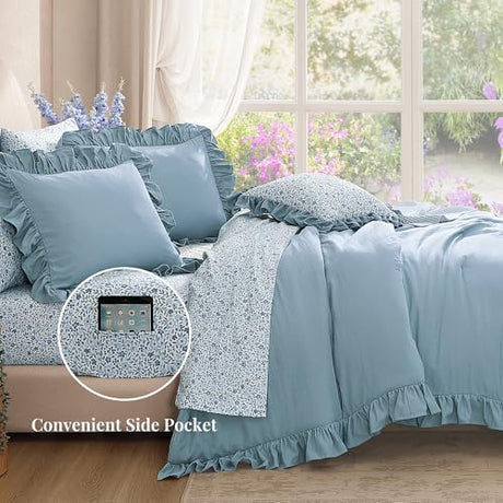 BLOOMHAVEN Queen Comforter Set - 7 Pieces Ruffle Blue Bedding Sets, Shabby Chic Farmhouse Bed in a Bag Queen with Ruffle Comforter, Floral Sheets, Pillowcases & Shams BLOOMHAVEN