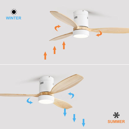 Sofucor 52 Inch Low Profile Ceiling Fan with Lights Remote Control Wood Blades Reversible DC Motor Modern Ceiling Fan for Kitchen, Bedroom, Basement, Dining, Living Room(white+wood color)