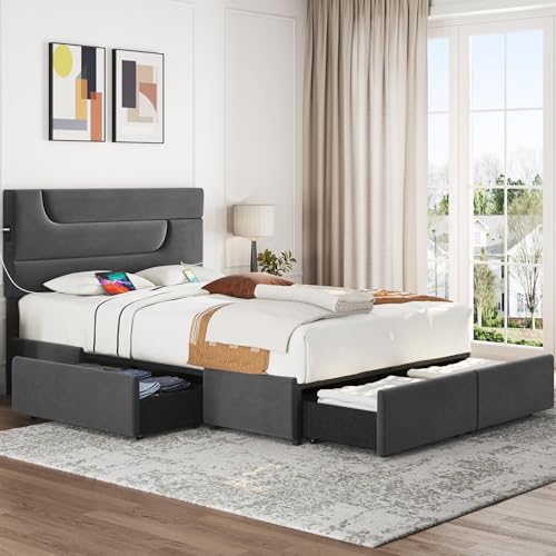 Yaheetech Dark Gray Upholstered Queen Bed Frame with USB Charging and 4 Storage Drawers Yaheetech