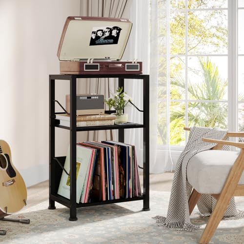 Hosfais 3 Tier Record Player Stand, Retro Vinyl Record Storage End Table Records for Living Room Bedroom (Black) Hosfais