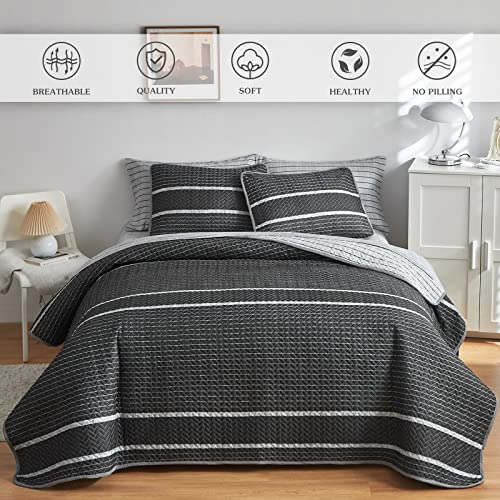 Flysheep Dark Grey Boho Quilt Set Full Queen Size, 3 Pcs White Striped on Gray Reversible Bedspread, Brushed Microfiber Coverlet for All Season, 1 Quilt + 2 Pillow Shams Flysheep