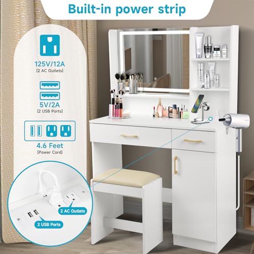 QUALIKRAFT Widescreen Vanity Set with LED Mirror & Stool, Makeup Desk with Built-in Power Outlet, 2 Drawers & 6 Shelves, Wide Lighted Dressing Table QUALIKRAFT