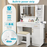 QUALIKRAFT Widescreen Vanity Set with LED Mirror & Stool, Makeup Desk with Built-in Power Outlet, 2 Drawers & 6 Shelves, Wide Lighted Dressing Table QUALIKRAFT