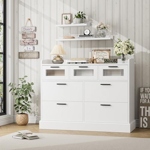 HOSTACK Modern 7 Drawer Double Dresser for Bedroom, Wide Chest of Drawers with Fence, Wood Storage Organizer with Metal Handle & Fluted Glass, Accent Storage Cabinet for Living Room, Entryway, White HOSTACK