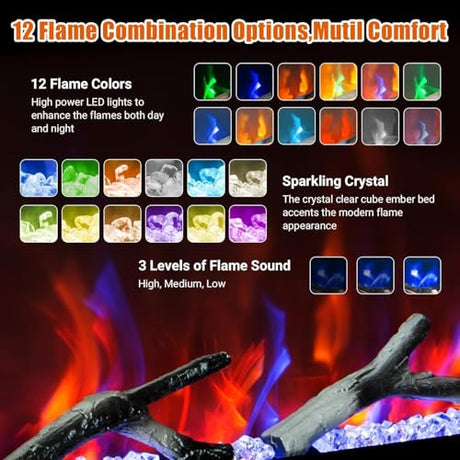 50 Inch Smart Electric Fireplace with Alexa & WiFi, Wall Mounted/Recessed Insert, 1500w Heater, Remote & Touch Control, 25 Flame/Ember Colors, Timer & Adjustable Heat, Black Takywep